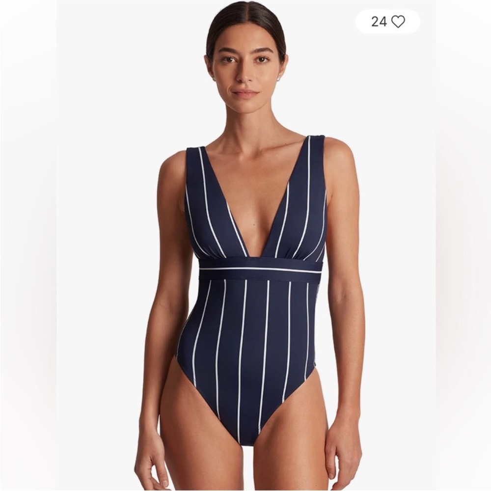 Lauren Ralph Lauren Navy and White Striped One-Piece Swimsuit